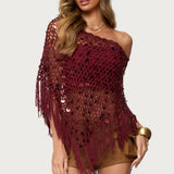 Fringe Sequin Crochet Poncho
