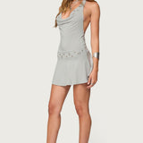 Grommet Cowl Neck Halter Mini Dress