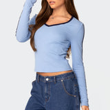 Contrast V Neck Long Sleeve T Shirt