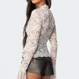 Sheer Lace Bell Sleeve Top
