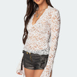 Sheer Lace Bell Sleeve Top