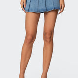 Denim Pleated Low Rise Micro Skort