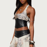 Letta Printed Chiffon Faux Leather Top