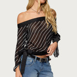 Diagonal Striped Off Shoulder Chiffon Top