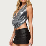 Sequin Backless Halter Neck Top