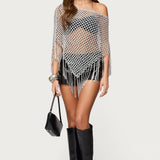 Evette Fringe Open Knit Metallic Poncho