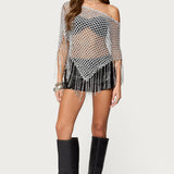 Evette Fringe Open Knit Metallic Poncho