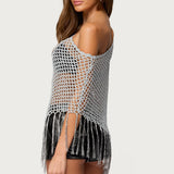 Evette Fringe Open Knit Metallic Poncho