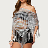 Evette Fringe Open Knit Metallic Poncho
