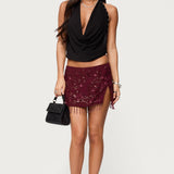 Chiffon Sequin Bead Fringed Mini Skirt