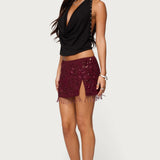 Chiffon Sequin Bead Fringed Mini Skirt