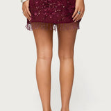 Chiffon Sequin Bead Fringed Mini Skirt