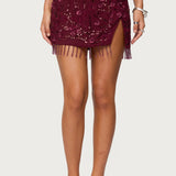Chiffon Sequin Bead Fringed Mini Skirt