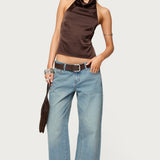 Satin Effect Backless Cowl Neck Top