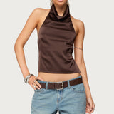 Satin Effect Backless Cowl Neck Top