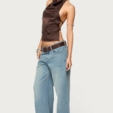 Satin Effect Backless Cowl Neck Top