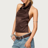 Satin Effect Backless Cowl Neck Top