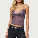 Sequin Layered Bra Cowl Neck Top