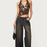 Sequin Asymmetric Mesh Halter Top