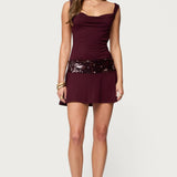 Sequin Backless Cowl Neck Mini Dress
