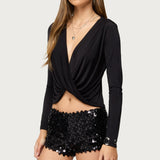 Draped V Neck Long Sleeve Top