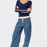 Contrast V Neck Long Sleeve T Shirt