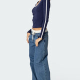 Contrast V Neck Long Sleeve T Shirt