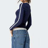 Contrast V Neck Long Sleeve T Shirt