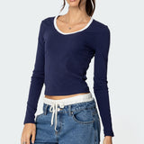 Contrast V Neck Long Sleeve T Shirt