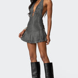 Metallic Backless Halter Mini Dress