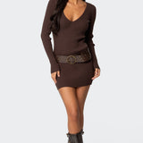 Ribbed Knit V Neck Mini Dress