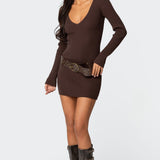 Ribbed Knit V Neck Mini Dress