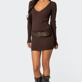 Ribbed Knit V Neck Mini Dress