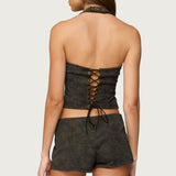Taia Distressed Faux Leather Corset