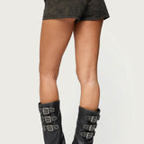 Taia Distressed Faux Leather Micro Shorts
