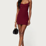 Faux Crystal Backless Mesh Mini Dress