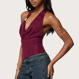 Mimi Asymmetric Textured Mesh Halter Top