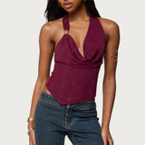 Mimi Asymmetric Textured Mesh Halter Top