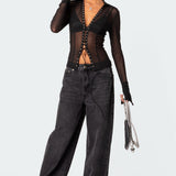 Lace Up Sheer Mesh Top