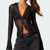 Lace Up Sheer Mesh Top
