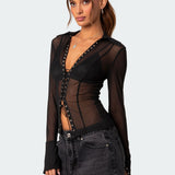 Lace Up Sheer Mesh Top