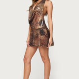 Printed Mesh Metallic Cowl Neck Mini Dress