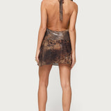 Printed Mesh Metallic Cowl Neck Mini Dress