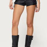 Washed Faux Leather Micro Cargo Shorts