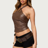 Sandria Ring Faux Leather Halter Top