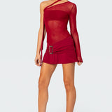 One Shoulder Sheer Mesh Mini Dress