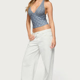 Lacey Polka Dot Lace Up Halter Top