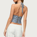 Lacey Polka Dot Lace Up Halter Top