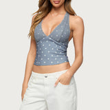 Lacey Polka Dot Lace Up Halter Top
