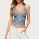 Lacey Polka Dot Lace Up Halter Top